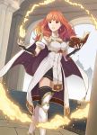  1girl arch black_legwear book boots breasts cape celica_(fire_emblem) detached_collar dress earrings finalsmashcomic fingerless_gloves fire fire_emblem fire_emblem_echoes:_mou_hitori_no_eiyuuou fire_emblem_gaiden gloves holding holding_book indoors intelligent_systems jewelry long_hair looking_at_viewer medium_breasts nintendo open_book red_eyes redhead short_sleeves smile solo weapon white_cape white_footwear yayster 