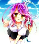  1girl arm_behind_head black_skirt blue_sky blush breasts cleavage cross day gradient_eyes gradient_hair hair_ornament hair_scrunchie halo highres jibril_(no_game_no_life) large_breasts leaning_forward long_hair looking_at_viewer magic_circle mimi0846 multicolored multicolored_eyes multicolored_hair no_game_no_life orange_eyes parted_lips pink_hair scrunchie shirt skirt sky solo symbol-shaped_pupils thigh-highs very_long_hair white_legwear white_shirt wing_ears yellow_eyes zettai_ryouiki 