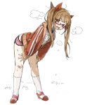  1girl bandaid bandaid_on_knee blush brown_eyes brown_footwear brown_hair brown_jacket glasses gym_shirt hair_ribbon hands_on_thighs heavy_breathing highres idolmaster idolmaster_cinderella_girls ikebukuro_akiha jacket kneehighs leaning_forward long_hair long_sleeves open_clothes open_jacket pink_shorts red-framed_eyewear red_ribbon ribbon semi-rimless_eyewear shirt shoes short_shorts shorts simple_background sketch sleeves_past_wrists solo spawnfoxy standing sweat track_jacket twintails under-rim_eyewear white_background white_legwear white_shirt 