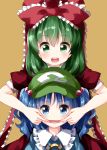  2girls :d bangs blue_eyes blue_hair blue_shirt blush cabbie_hat commentary_request dress eyebrows_visible_through_hair frilled_ribbon frilled_shirt_collar frills green_eyes green_hair green_headwear hair_between_eyes hair_bobbles hair_ornament hat highres kagiyama_hina kawashiro_nitori key looking_at_viewer mouth_pull multiple_girls open_mouth portrait puffy_short_sleeves puffy_sleeves red_dress red_ribbon ribbon ruu_(tksymkw) shirt short_hair short_sleeves simple_background smile touhou two_side_up yellow_background 