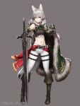  1girl animal_ear_fluff animal_ears bare_shoulders belt black_footwear boots breasts cape commentary_request crop_top dagger dual_wielding fox_ears fox_tail full_body fur_collar fur_trim gauntlets green_eyes grey_background holding holding_dagger holding_sword holding_weapon holster kageshio_(276006) knee_boots long_hair looking_at_viewer medium_breasts midriff navel official_art pants sennen_sensou_aigis silver_hair simple_background skin_tight sleeveless smile solo standing stomach sword tail watermark weapon weiss_(sennen_sensou_aigis) white_pants 