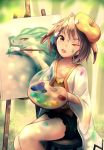  1girl absurdres animal_ears artist_painter beret black_shorts brown_hair canvas_(object) collarbone commentary dragalia_lost drawing english_commentary fleur hair_tubes hat highres midgardsormr_(dragalia_lost) one_eye_closed open_mouth paint paintbrush painting_(object) palette rabbit_ears ryo-suzuki shirt short_hair shorts sitting smile smock solo stool thighs tree yellow_eyes yellow_headwear yellow_shirt 