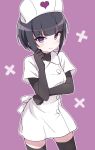  1girl bangs black_gloves black_hair black_legwear blunt_bangs blush bob_cut buttons collar cosplay cosplay_request ddak5843 dress embarrassed eyebrows eyebrows_visible_through_hair frown glaring gloves hat heart idolmaster idolmaster_cinderella_girls narrowed_eyes nurse nurse_cap purple_background ribbon shirayuki_chiyo short_hair tsundere violet_eyes white_collar white_dress white_headwear white_ribbon 