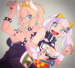  2girls aqua_eyes bangs bare_shoulders black_collar black_dress black_nails blonde_hair blue_earrings blunt_bangs bowsette bracelet breasts claw_pose cleavage cleavage_cutout collar crown dress e503com earrings gradient gradient_background grey_background hair_ornament hairclip high_collar horns jewelry kaguya_luna large_breasts long_hair looking_at_viewer super_mario_bros. multicolored multicolored_nails multiple_girls nail_polish new_super_mario_bros._u_deluxe nintendo open_mouth pointy_ears ponytail ribbon sash sharp_teeth sleeveless sleeveless_dress spiked_armlet spiked_bracelet spiked_collar spiked_shell spikes strapless strapless_dress striped_nails super_crown teeth the_moon_studio turtle_shell virtual_youtuber white_hair white_ribbon wrist_ribbon x_hair_ornament yellow_nails 