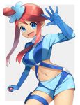 1girl :d absurdres blue_eyes blue_gloves blue_shorts cowboy_shot creatures_(company) crop_top floating_hair fuuro_(pokemon) game_freak gloves gym_leader hair_ornament highres long_sleeves looking_at_viewer midriff navel nintendo one_side_up open_mouth outstretched_hand pokemon pokemon_(game) pokemon_bw redhead shiny shiny_hair short_hair_with_long_locks short_shorts shorts sidelocks smile solo standing stomach thigh_strap turtleneck waving white_background yuihiko 