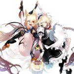  animal_ears back-to-back blonde_hair blue_eyes character_name commentary_request copyright_name english_text fujinohara_akihira g36_(girls_frontline) g41_(girls_frontline) girls_frontline gloves heterochromia long_hair maid maid_headdress mechanical_arm ponytail red_eyes shoes tail thighs 