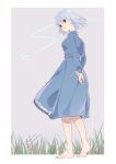  1girl breasts brown_eyes closed_mouth commentary_request dress feet highres honoboooono howl_no_ugoku_shiro looking_at_viewer short_hair solo sophie_(howl_no_ugoku_shiro) studio_ghibli white_hair wind 