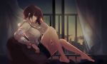  1girl bangs bare_legs blush breasts brown_hair cityscape collared_shirt curtains elbow_rest evening hand_on_own_head highres indoors kooemong large_breasts long_sleeves looking_at_viewer original railing shirt shoes short_hair sidelocks single_shoe sitting skirt sky slippers solo star_(sky) starry_sky white_shirt wind 