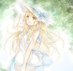  1girl blonde_hair braid creatures_(company) dress game_freak green_eyes hand_on_headwear hat lillie_(pokemon) long_hair nintendo open_mouth pokemon pokemon_(game) pokemon_sm sleeveless sleeveless_dress solo sun_hat twin_braids white_dress white_headwear yomogi_(black-elf) 