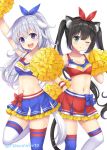  2girls :d ;o animal_ears arm_up bangs black_hair blue_bow blue_eyes blue_legwear blue_ribbon blue_skirt bow breasts cat_ears cat_tail cheerleader cleavage clothes_writing collarbone crop_top dog_ears english_text frilled_skirt frills green_eyes grey_hair hair_ribbon hairband half_updo hand_on_hip highres kuu-chan_(sakurai_makoto_(custom_size)) long_hair medium_breasts midriff miniskirt mismatched_legwear multiple_girls navel one_eye_closed open_mouth original pleated_skirt pom_pom_(clothes) red_bow red_ribbon red_skirt ribbon sakurai_makoto_(custom_size) shii-chan_(sakurai_makoto_(custom_size)) sidelocks simple_background skirt small_breasts smile standing standing_on_one_leg sweatband tail thigh-highs twintails twitter_username very_long_hair white_background white_legwear wristband 