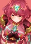  1girl bangs breasts covered_navel earrings fingerless_gloves gem gloves headpiece pyra_(xenoblade) jewelry large_breasts looking_at_viewer nintendo red_eyes red_shorts redhead short_hair shorts shoulder_armor smile solo swept_bangs takatun223 tiara xenoblade_(series) xenoblade_2 