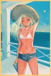  1girl arm_up bangs bare_arms bare_shoulders bikini bikini_under_clothes blonde_hair blue_eyes blue_shorts blue_sky book breasts brown_headwear closed_mouth clouds collarbone commentary_request day denim denim_shorts hat highres holding holding_book horizon long_hair looking_at_viewer miyako_(xxxbibit) navel ocean original outdoors short_shorts shorts sky small_breasts solo sun sun_hat swimsuit tan white_bikini 