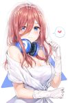  1girl absurdres bare_shoulders blue_eyes breasts bridal_veil brown_hair cleavage closed_mouth dress eyebrows_visible_through_hair gloves go-toubun_no_hanayome hair_between_eyes headphones headphones_around_neck heart highres holding holding_hair large_breasts long_hair looking_at_viewer nakano_miku off-shoulder_dress off_shoulder solo tokkyu_(user_mwwe3558) upper_body veil wedding_dress white_dress white_gloves 