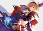  1girl blonde_hair blurry_foreground breasts brown_eyes cape djeeta_(granblue_fantasy) djeeta_(granblue_fantasy)_(conqueror_of_the_eternals) feathers gloves glowing granblue_fantasy grey_background hair_feathers hair_ornament hairband looking_at_viewer midriff nido_celisius simple_background solo 