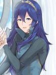  1boy 1girl a_meno0 bed blue_eyes blue_hair blush couple fire_emblem fire_emblem:_kakusei hair_between_eyes hand_holding intelligent_systems long_hair looking_at_viewer lucina male_my_unit_(fire_emblem:_kakusei) mamkute my_unit_(fire_emblem:_kakusei) nintendo simple_background smile tattoo tiara 