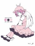  1girl animal_ears bangs bow dated dress flat_color from_side full_body hat long_sleeves looking_at_viewer mob_cap mystia_lorelei pink_hair puffy_sleeves rangycrow reiwa short_hair signature sitting sketch solo touhou translated vest winged_hat wings 