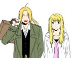  1boy 1girl ^_^ ahoge arm_at_side blonde_hair blue_eyes breasts carrying carrying_over_shoulder cleavage closed_eyes closed_eyes coat dress_shirt edward_elric eyebrows_visible_through_hair floating_hair fullmetal_alchemist grey_coat hanayama_(inunekokawaii) happy height_difference jacket long_hair looking_at_another open_mouth pink_shirt ponytail shirt simple_background smile suitcase teeth upper_body upper_teeth v-shaped_eyebrows vest white_background white_jacket white_shirt winry_rockbell 