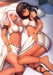  2girls :o ankle_ribbon armlet ass bandeau bangle bangs bare_shoulders barefoot black_hair blue_eyes blush bracelet breasts brown_eyes dark_skin eyebrows_visible_through_hair gold groin hair_between_eyes hairband hand_on_own_thigh highres jewelry large_breasts long_hair looking_at_viewer lying medium_breasts momo_no_kanzume multiple_girls navel on_side original ribbon shiny shiny_skin sidelocks skirt smile stomach tareme thighs white_hair white_skirt 