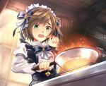 1girl apron black_apron black_bow blush bow box brown_hair burning collar commentary cooking curtains dragalia_lost embarrassed english_commentary fire frilled_headband frying_pan green_eyes hair_bow highres kitchen light light_rays long_sleeves maid maid_apron maid_headdress melody_(dragalia_lost) open_mouth ryo-suzuki shelf shirt short_hair solo stove tears upper_body white_collar white_shirt window 