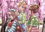 3girls :d aiba_yumi alternate_costume blonde_hair blue_dress breasts brown_eyes cleavage closed_eyes dress facing_another green_shirt hair_bun hair_ornament idolmaster idolmaster_cinderella_girls japanese_clothes kimono long_hair looking_at_another low_twintails matsutani medium_breasts multiple_girls open_mouth shirt short_hair sidelocks smile striped striped_kimono takamori_aiko twintails upper_body yorita_yoshino