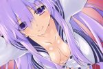  1girl breasts cleavage d-pad d-pad_hair_ornament from_above hair_ornament iwasi-r long_hair looking_at_viewer medium_breasts navel nepgear neptune_(series) panties purple_hair sidelocks smile solo striped striped_panties thigh-highs underwear violet_eyes 