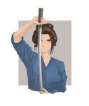  1girl absurdres alternate_costume brown_eyes color_ink_(medium) commentary_request emma_the_gentle_blade forehead hair_bun highres japanese_clothes katana kimono looking_at_viewer old_face one_eye_covered sekiro:_shadows_die_twice serious sheath short_hair solo spoilers sword unsheathing updo weapon 