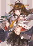  1girl ahoge aircraft airplane brown_eyes brown_hair brown_skirt clenched_hand cowboy_shot detached_sleeves double_bun e16a_zuiun foreshortening grey_background hairband headgear kantai_collection kongou_(kantai_collection) long_hair looking_at_viewer open_mouth pleated_skirt remodel_(kantai_collection) ribbon-trimmed_sleeves ribbon_trim skirt smile solo striped striped_background sugue_tettou twitter_username 