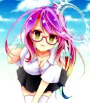  1girl arm_behind_head black_skirt blue_sky blush breasts cleavage cross day glasses gradient_eyes gradient_hair hair_ornament hair_scrunchie halo highres jibril_(no_game_no_life) large_breasts leaning_forward long_hair looking_at_viewer magic_circle mimi0846 multicolored multicolored_eyes multicolored_hair no_game_no_life orange_eyes parted_lips pink_hair scrunchie shirt skirt sky solo symbol-shaped_pupils thigh-highs very_long_hair white_legwear white_shirt wing_ears yellow_eyes zettai_ryouiki 