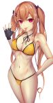  1girl :p absurdres arm_behind_back bangs bare_shoulders bikini black_gloves blush breasts brown_hair cowboy_shot eyebrows_visible_through_hair fingerless_gloves franz_(217franz) girls_frontline gloves hair_between_eyes hair_ornament hairclip hand_up highres long_hair looking_at_viewer navel red_eyes scar scar_across_eye sidelocks simple_background skindentation smile stomach swimsuit thighs toned tongue tongue_out twintails ump9_(girls_frontline) white_background yellow_bikini 