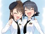  2girls :d amaretto_(girls_und_panzer) anzio_school_uniform arm_around_shoulder asymmetrical_bangs bangs beret black_hair black_headwear black_neckwear braid brown_hair clenched_hand closed_eyes commentary_request dress_shirt emblem girls_und_panzer hair_tie hat long_hair long_sleeves multiple_girls necktie open_mouth partial_commentary pepperoni_(girls_und_panzer) ruka_(piyopiyopu) school_uniform shirt short_hair side-by-side side_braid smile upper_body v-shaped_eyebrows white_shirt 