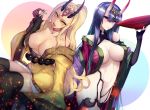  bangs bare_shoulders blonde_hair blush breasts cup earrings eyebrows_visible_through_hair facial_mark fang fate/grand_order fate_(series) highres holding holding_cup horns ibaraki_douji_(fate/grand_order) japanese_clothes jewelry kimono large_breasts long_hair long_sleeves looking_at_viewer makeup multiple_girls navel older oni oni_horns open_clothes open_kimono open_mouth pointy_ears purple_hair purple_kimono revealing_clothes sakazuki satou_daiji shuten_douji_(fate/grand_order) smile solo tattoo very_long_hair violet_eyes yellow_eyes 