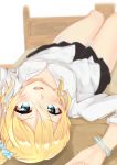  1girl absurdres arms_up bangs bed black_skirt blonde_hair blue_eyes blue_scrunchie blurry blurry_background blush breasts cac_itinose collarbone collared_shirt commentary_request depth_of_field dress_shirt eyebrows_visible_through_hair hair_between_eyes hair_ornament hair_scrunchie hayasaka_ai high_ponytail highres jewelry kaguya-sama_wa_kokurasetai_~tensai-tachi_no_renai_zunousen~ lying on_back on_bed open_mouth pendant pleated_skirt scrunchie shirt side_ponytail skirt small_breasts solo white_background white_shirt 
