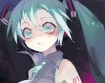  1girl absurdres aqua_eyes aqua_hair aqua_neckwear bangs black_background collared_shirt empty_eyes grey_shirt hair_between_eyes hatsune_miku highres long_hair looking_at_viewer microphone necktie portrait shirt shou_(hanasakukoroni) sleeveless sleeveless_shirt solo sparkle twintails vocaloid 