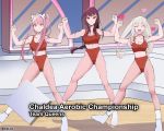  3girls aerobics clenched_hands crown crystal_light_national_aerobic_championship english_text fate/grand_order fate_(series) heart highleg kyou_(ningiou) long_hair marie_antoinette_(fate/grand_order) medb_(fate)_(all) medb_(fate/grand_order) meme midriff multiple_girls pantyhose pink_hair pose purple_hair scathach_(fate)_(all) scathach_(fate/grand_order) shoes sneakers sports_bra twintails twitter_username white_hair yellow_eyes 