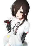  1girl bad_proportions black_gloves brown_hair eyewear_removed gloves hair_over_one_eye highres hitoura_(kinoko_oukoku) long_hair looking_at_viewer roboco-san roboco_ch. shirt simple_background sitting t-shirt virtual_youtuber white_background white_shirt yellow_eyes 