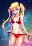  1girl anger_vein bangs bikini black_ribbon blue_eyes blue_hair breasts cleavage collarbone cowboy_shot floating_hair glasses hair_ribbon halterneck highres long_hair looking_at_viewer print_bikini red-framed_eyewear red_bikini ribbon saenai_heroine_no_sodatekata sawamura_spencer_eriri semi-rimless_eyewear side-tie_bikini small_breasts softwareworker solo standing swimsuit twintails under-rim_eyewear untied untied_bikini 