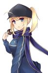  1girl :t ahoge artoria_pendragon_(all) baseball_cap black_headwear blonde_hair blue_eyes blue_jacket blue_scarf eyebrows_visible_through_hair fate/grand_order fate_(series) food from_side frontera hair_between_eyes hat high_ponytail holding holding_food jacket long_hair long_sleeves looking_at_viewer multiple_girls mysterious_heroine_x scarf sidelocks simple_background solo standing upper_body white_background 