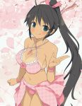  1girl :q bikini black_hair blush breasts cherry_blossoms cleavage cowboy_shot criss-cross_halter floating_hair green_eyes groin hair_between_eyes halterneck high_ponytail highres long_hair looking_at_viewer medium_breasts navel pink_bikini plaid plaid_bikini sarong senran_kagura shiny shiny_skin sideboob solo sparkle standing swimsuit tan tanline tongue tongue_out very_long_hair wristband yaegashi_nan 