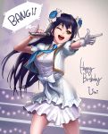  1girl bangs birthday blue_hair cowboy_shot flower gloves hair_between_eyes hair_flower hair_ornament happy_birthday holding holding_microphone long_hair love_live! love_live!_school_idol_project microphone music necktie one_eye_closed open_mouth ribbon short_sleeves singing single_glove skirt smile solo sonoda_umi standing white_gloves yellow_eyes 