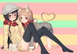  2girls :o adjusting_scarf all_fours animal_ear_fluff animal_ears aran_sweater bare_legs barefoot black_hair black_legwear blush brown_eyes brown_hair cabbie_hat cat_ears cat_tail commentary_request cover cover_page dress fur-trimmed_jacket fur-trimmed_sleeves fur_trim glasses hat heart heart_tail izumi_sai jacket long_hair looking_at_viewer multicolored multicolored_stripes multiple_girls multiple_tails no_shoes orange_eyes original panties pantyshot pantyshot_(sitting) plaid plaid_skirt red-framed_eyewear red_scarf scarf shared_scarf sitting skirt sleeves_past_wrists smile striped striped_background striped_scarf sweater sweater_dress tail thigh-highs underwear white_panties 