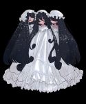  3girls absurdres black_background black_hair closed_eyes dress frills full_body hat highres inata17ta long_hair mob_cap multiple_girls original simple_background very_long_hair white_dress white_headwear 