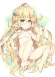  1girl :o ahoge bangs bare_arms bare_legs bare_shoulders barefoot bikini blonde_hair blush collarbone commentary_request copyright_request eyebrows_visible_through_hair flat_chest full_body green_eyes hair_between_eyes hair_intakes hair_ornament hand_up long_hair looking_at_viewer meito_(maze) parted_lips pointy_ears side-tie_bikini soles solo swimsuit very_long_hair white_bikini 