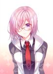  1girl black-framed_eyewear collared_shirt eyebrows_visible_through_hair fate/grand_order fate_(series) glasses gradient gradient_background hair_over_one_eye jacket long_sleeves looking_at_viewer mash_kyrielight necktie open_clothes open_jacket pink_background pink_hair red_neckwear shirt short_hair silverplatin smile solo standing upper_body violet_eyes white_background white_shirt wing_collar 
