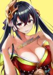  1girl absurdres azur_lane bare_shoulders black_hair breasts cleavage collarbone eroge-_(artist) fan folding_fan hair_ornament hair_ribbon highres holding holding_fan huge_breasts japanese_clothes kimono long_hair off-shoulder_kimono red_eyes ribbon solo taihou_(azur_lane) twintails upper_body 