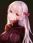  1girl absurdres black_background breasts dark_sakura ei_(tndusdldu) facial_mark fate/grand_order fate/stay_night fate_(series) hair_between_eyes head_tilt highres large_breasts long_hair matou_sakura ponytail red_eyes solo upper_body white_hair 