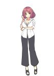  1girl artist_request black_pants blush breast_hold breasts brown_hair cleavage full_body green_eyes hand_up highres jewelry large_breasts necklace pants short_hair simple_background smile solo standing white_background 