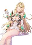  1girl artist_request bangs blonde_hair blush breasts cleavage_cutout covered_navel earrings food gem headpiece mythra_(xenoblade) jewelry large_breasts long_hair looking_at_viewer nintendo shoulder_armor simple_background smile solo swept_bangs thigh_strap tiara xenoblade_(series) xenoblade_2 yellow_eyes 