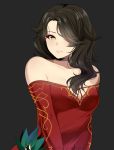  1girl artist_name bare_shoulders black_background black_choker black_hair breasts choker cinder_fall cleavage dress grin hair_over_one_eye jpeg_artifacts lips long_hair orange_eyes red_dress rwby simple_background smile solo strapless strapless_dress sunnypoppy yellow_eyes 