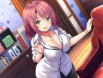 1girl artist_request blush book breasts brown_hair chair cleavage door dutch_angle green_eyes hand_up highres indoors jewelry large_breasts leaning_forward looking_at_viewer necklace open_mouth shelf short_hair smile solo standing sweatdrop wristband 