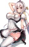  1girl absurdres anchor_choker apron azur_lane bangs blush breasts choker coda_(simon1995) eyebrows_visible_through_hair frilled_apron frilled_choker frills hair_between_eyes hand_behind_head hand_up high_heels highres holding holding_sword holding_weapon lace-trimmed_hairband large_breasts looking_at_viewer maid_apron parted_lips puffy_sleeves red_eyes red_ribbon ribbon ribbon-trimmed_legwear ribbon_trim short_hair short_sleeves sidelocks simple_background sirius_(azur_lane) solo sword thigh-highs thighs waist_apron weapon white_apron white_background white_hair white_legwear 
